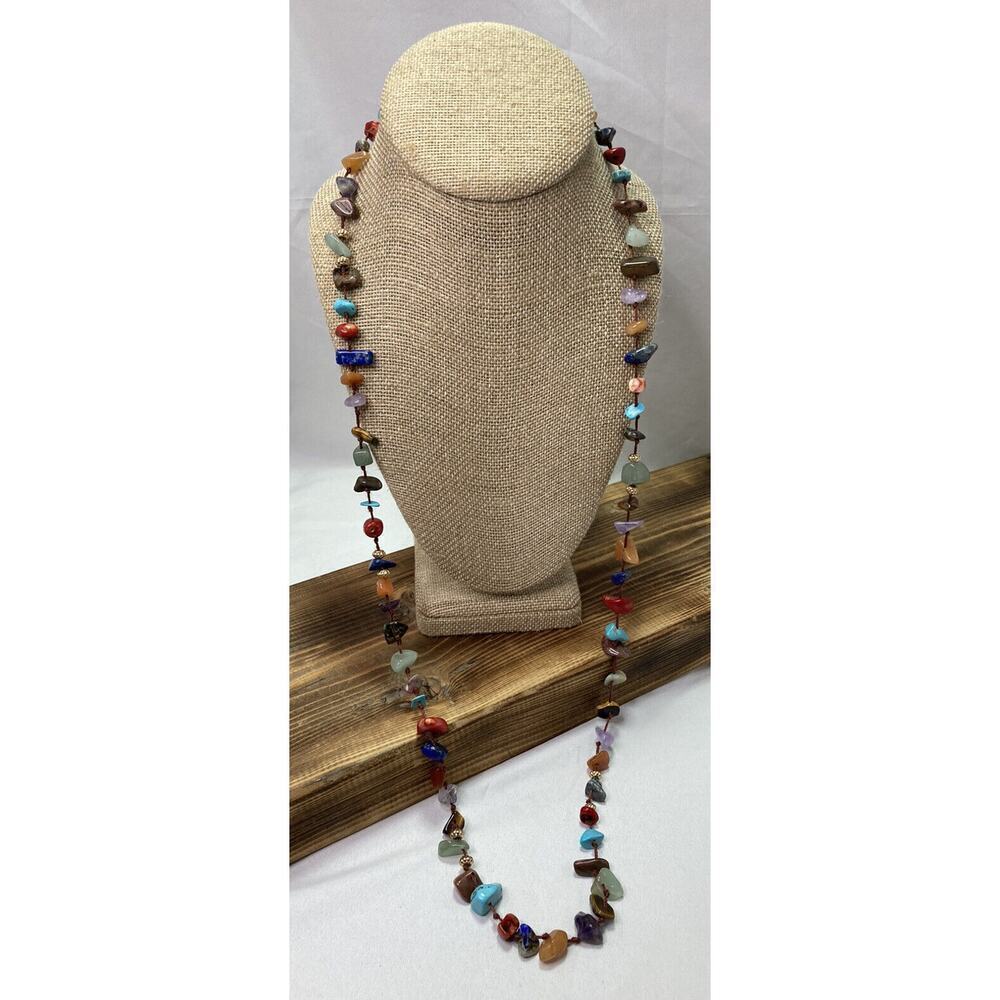 Vintage Semi Precious Stone Rope Knot Necklace Amethyst Tigers Eye Signed V - Picture 6 of 8